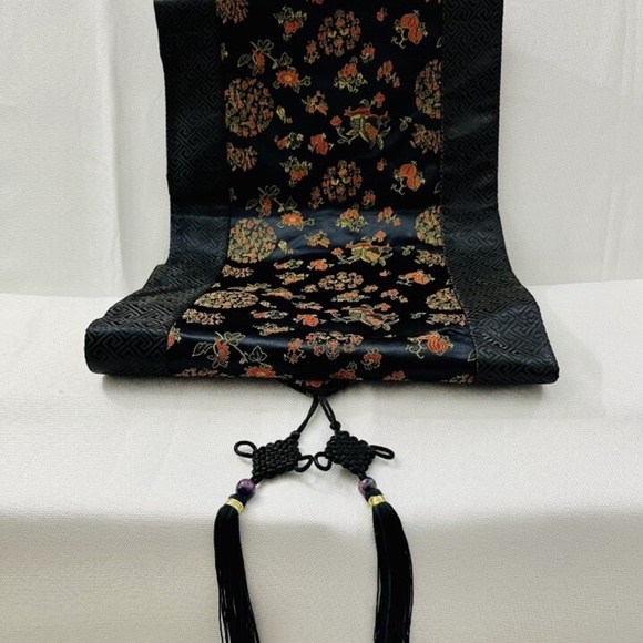 EUC Japanese Silk Table Runner Black w Embroidery, approx 72" long, 12" wide - Picture 1 of 5
